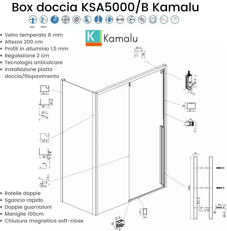 Kamalu - Cabina doccia 80x140 scorrevole con lato fisso 80 cm finitura acciaio spazzolato | KSA5000AS