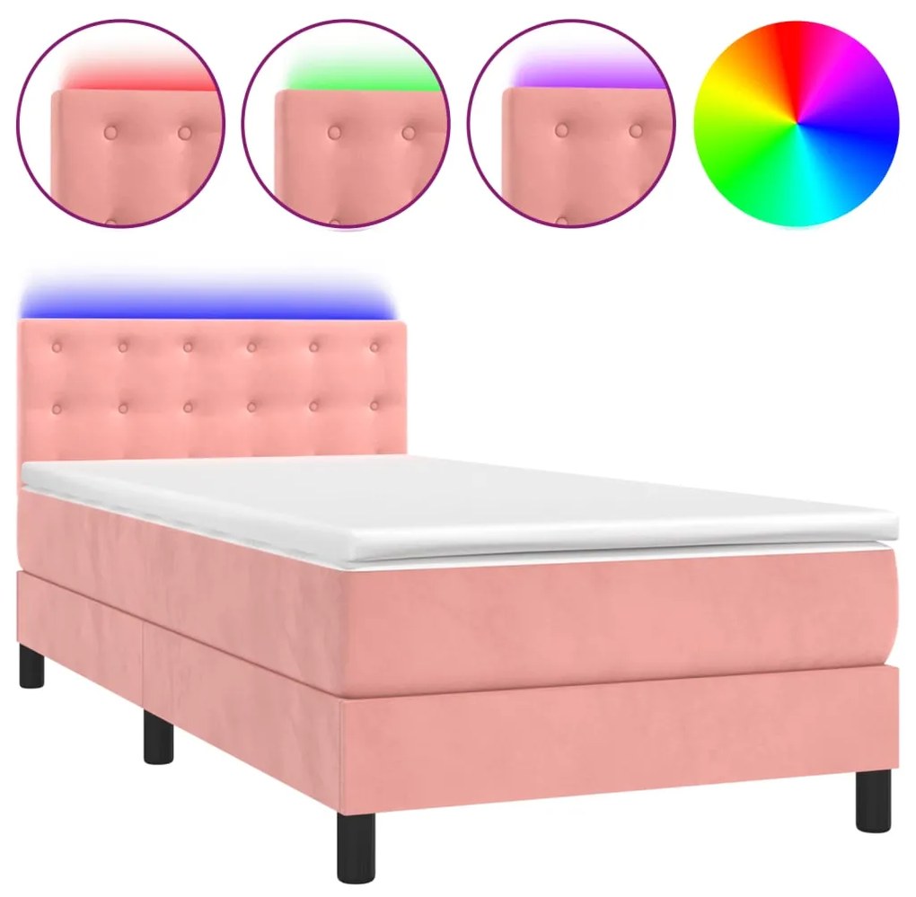Letto a molle con materasso e led rosa 80x200 cm in velluto