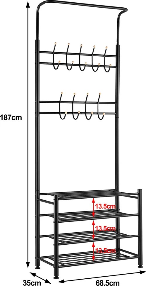 Stand Appendiabiti da Ingresso 9 Ganci con Scarpiera a 4 Ripiani in Metallo Nero...