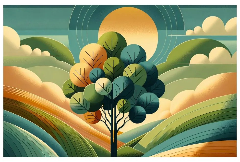 Quadro su tela – Albero della vita in un paesaggio soleggiato