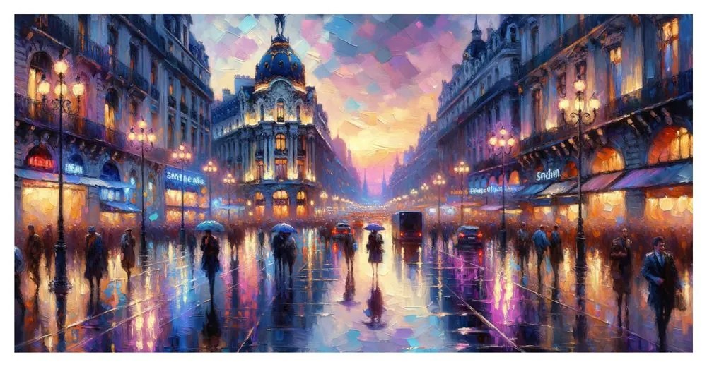 Quadro su tela – Città di sera sotto la pioggia