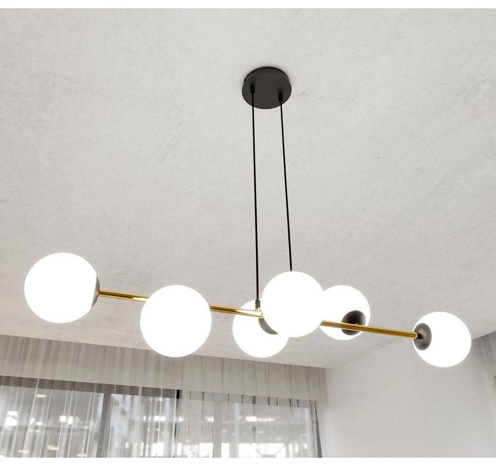 Sospensione Contemporanea Rhiannon 6 Luci In Acciaio Oro E Sfere In Vetro Bianco