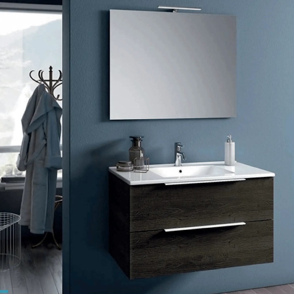Mobile Bagno Sospeso 100 Cm Due Cassetti Specchio Con Lampada Led 80x60 Cm ItalBagno "Chiara"