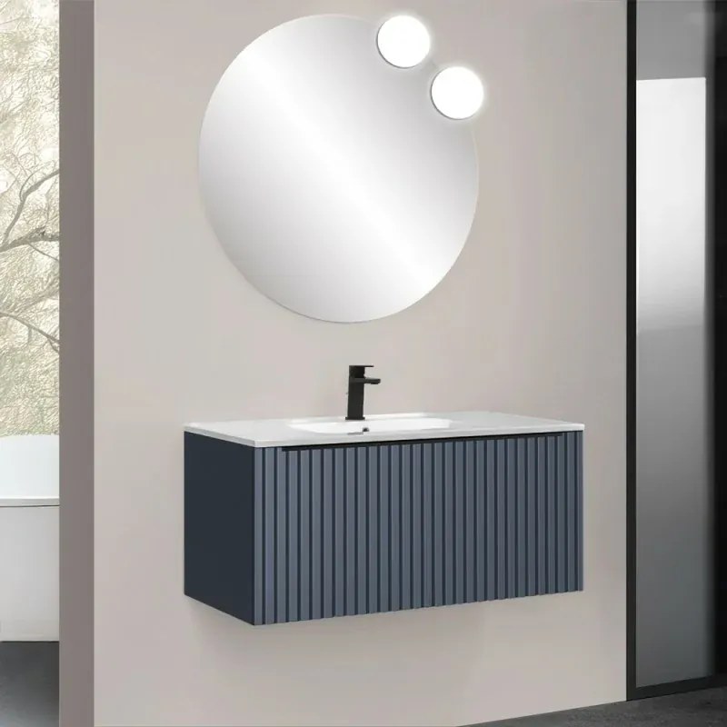 Mobile bagno sospeso 90 cm blu notte cannettato con cassetto, specchio e lavabo Nara