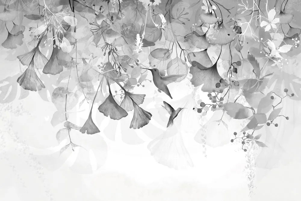 Carta da parati – Foglie con Colibrì in Bianco e Nero