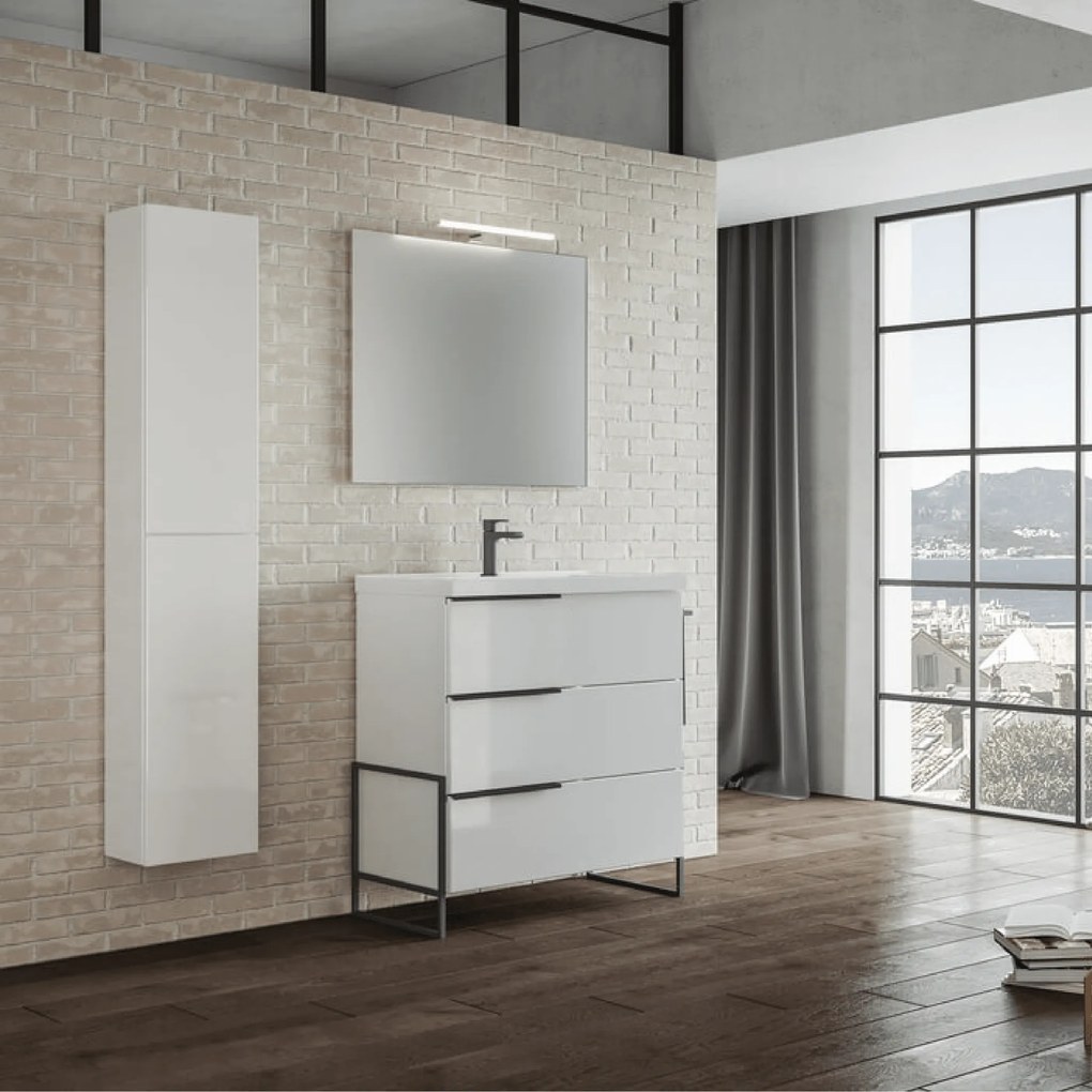 Mobile Bagno a Terra 100 Cm Tre Cassetti Specchio Con Lampada Led 100x70 Cm Savini "Febe 1"