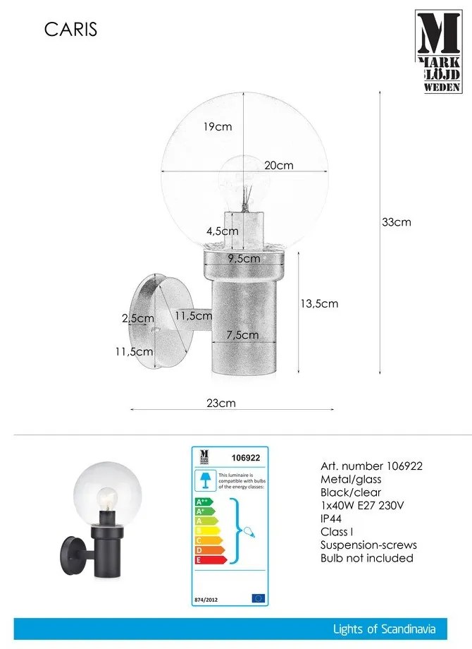 Lampada da parete nera Caris - Markslöjd