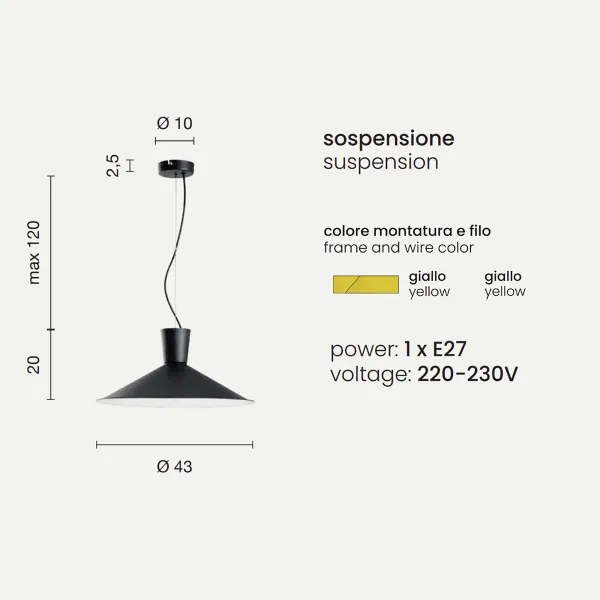 Lampada a sospensione ELIO in metallo verniciato GIALLO