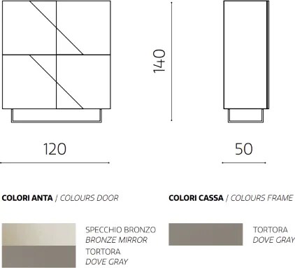 Madia credenza 4 ante in vetro specchio Bronzo e cassa Tortora ARTE 120 con piedini sagomati