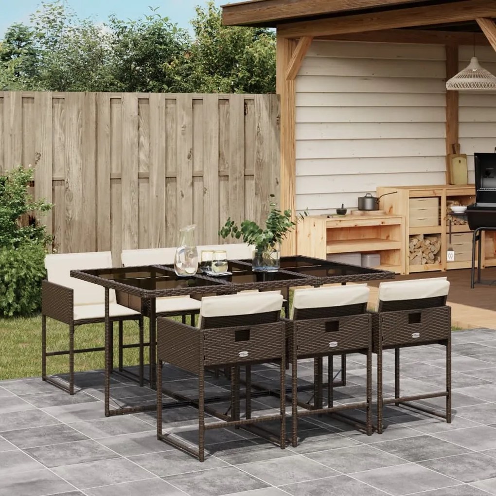 Set da pranzo da giardino 7pz con cuscini in polyrattan marrone