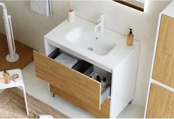 Mobile Bagno Lisbona 2 Cassetti 100 Cm Bianco Lucido Rovere Naturale