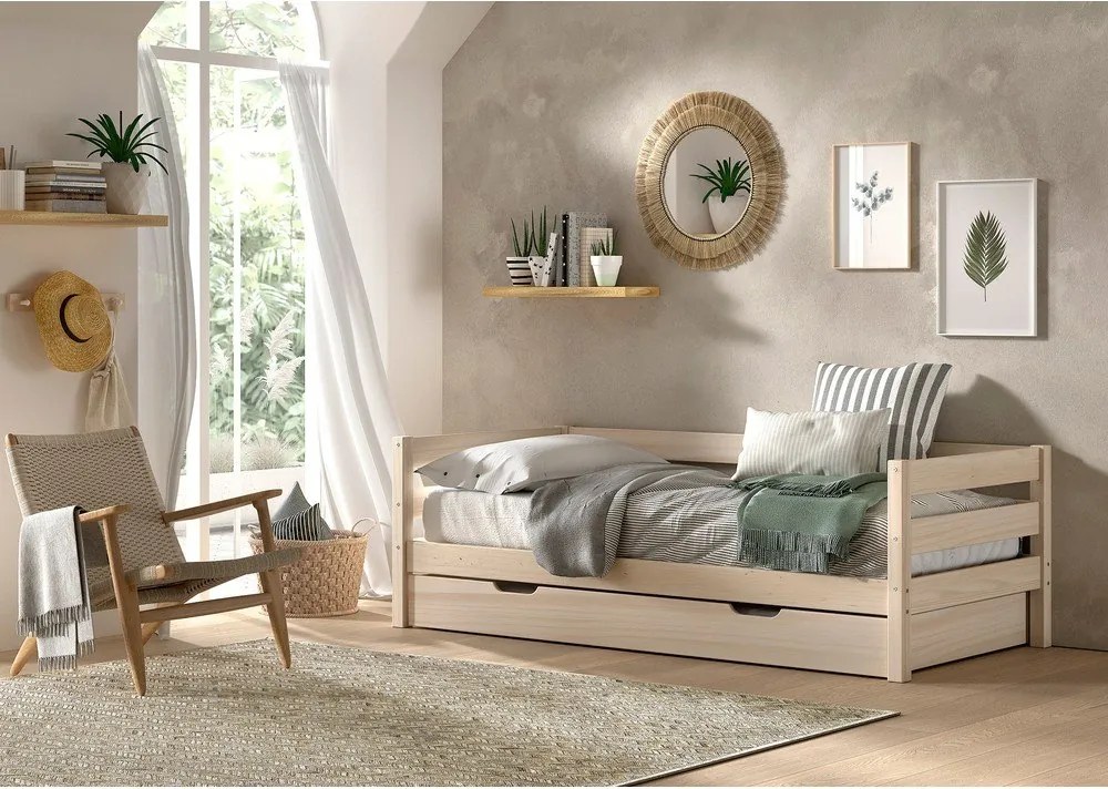 Letto da bambini estraibile di colore naturale in pino massiccio con rete inclusa 90x200 cm Margrit – Vipack