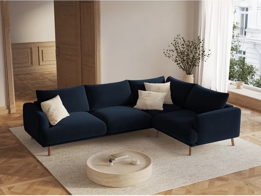 Divano angolare blu scuro (con penisola a destra/a L) con rivestimento in velluto Naomi – Micadoni
