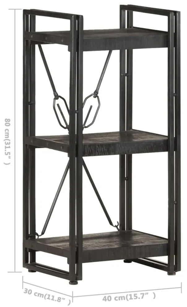 Libreria a 3 ripiani 40x30x80cm nero in legno massello di mango