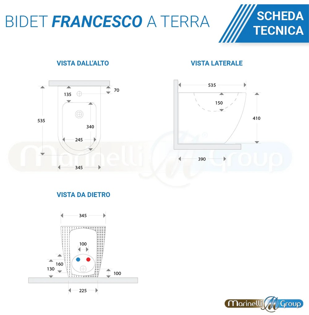 Sanitari Bidet e Vaso WC a terra filomuro rimless coprivaso softclose Francesco