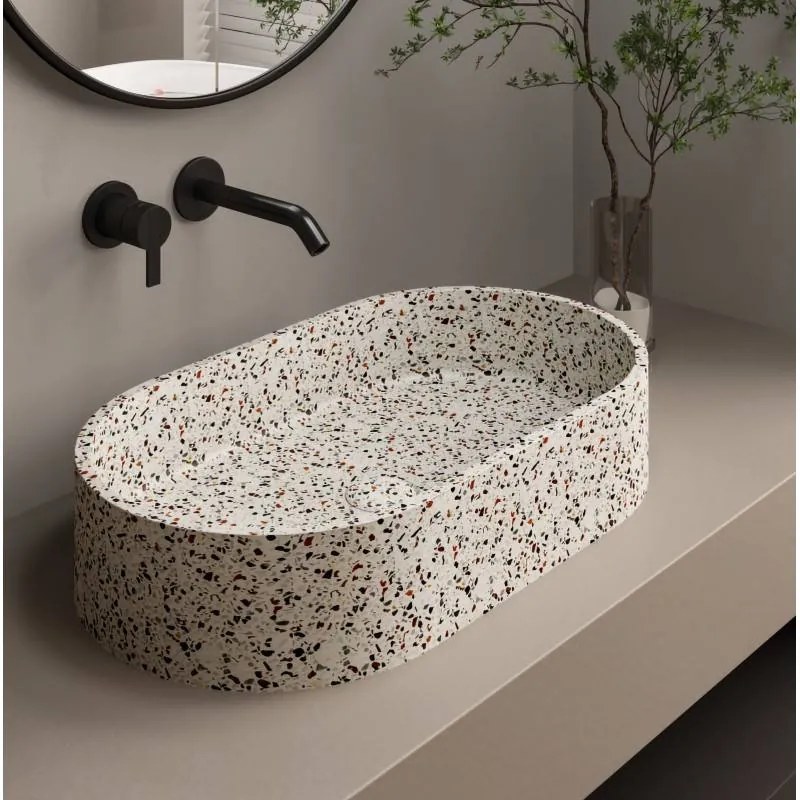 Kamalu - lavabo da appoggio ovale con finitura terrazzo beige | kterl-600be