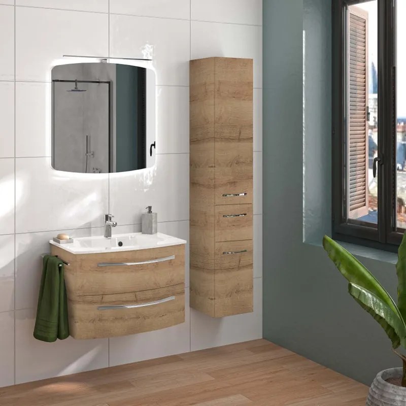 Mobile bagno sospeso con lavabo L 70 x H 48 x P 48 cm quercia 2 cassetti per vasca centrale Imagine