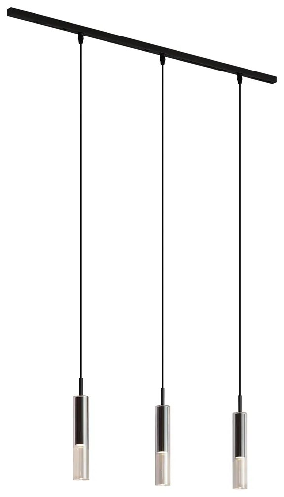 Sistema di illuminazione a binario moderno nero con 3 lampade a sospensione nere con vetro fumé 1 fase - Slimline Loyce