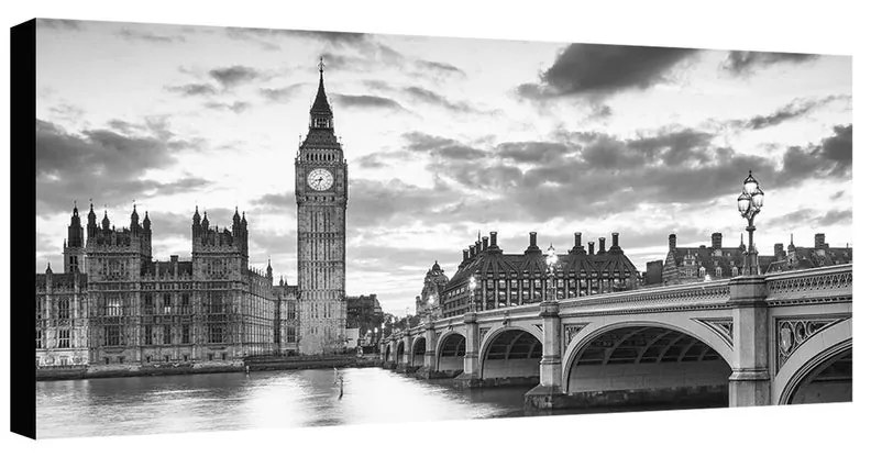 Stampa su tela Big Ben &LondonBridge b&w, multicolore 120 x 60 cm