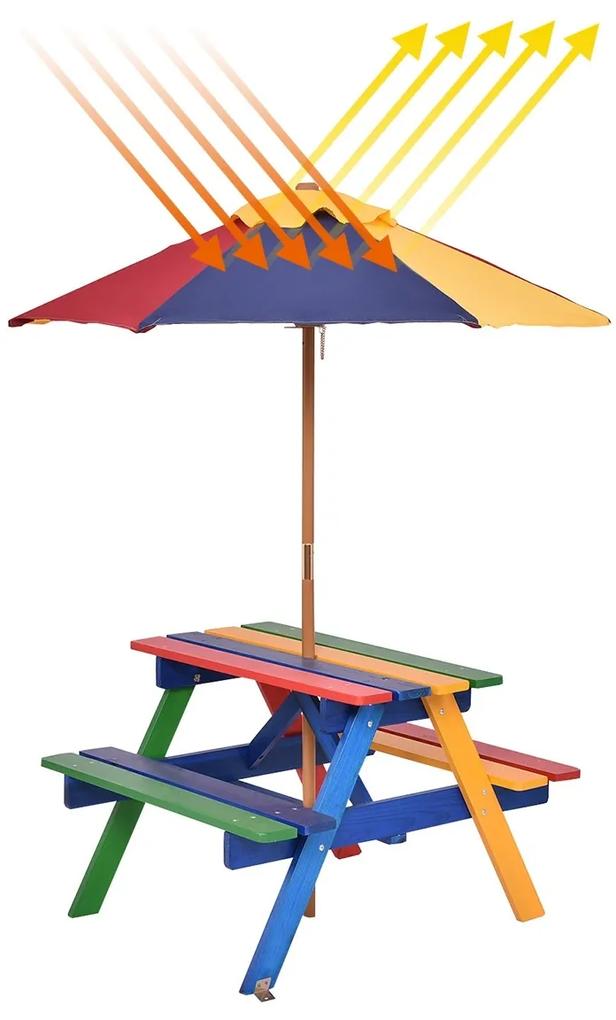 Costway Set con tavolo picnic di legno e ombrellone per bambini, Tavolo e panchina con 4 posti e ombrellone pieghevoli