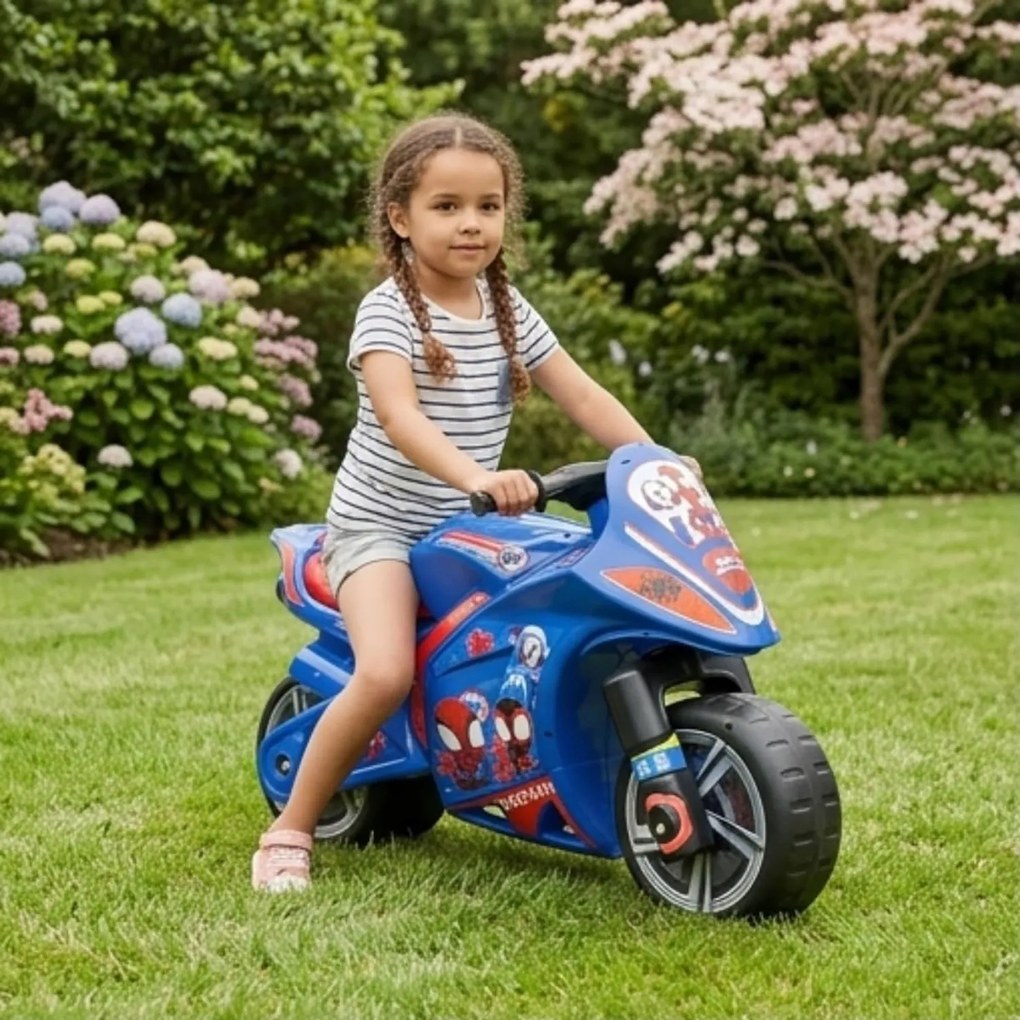 Moto Cavalcabile per Bambini 4-7 anni a Spinta Marvel Spidey 99x39x61 cm fino a 50 kg con Maniglia di Trasporto Blu...