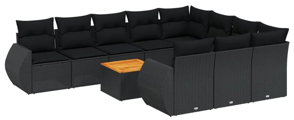 Set divani da giardino 11 pz con cuscini in polyrattan nero