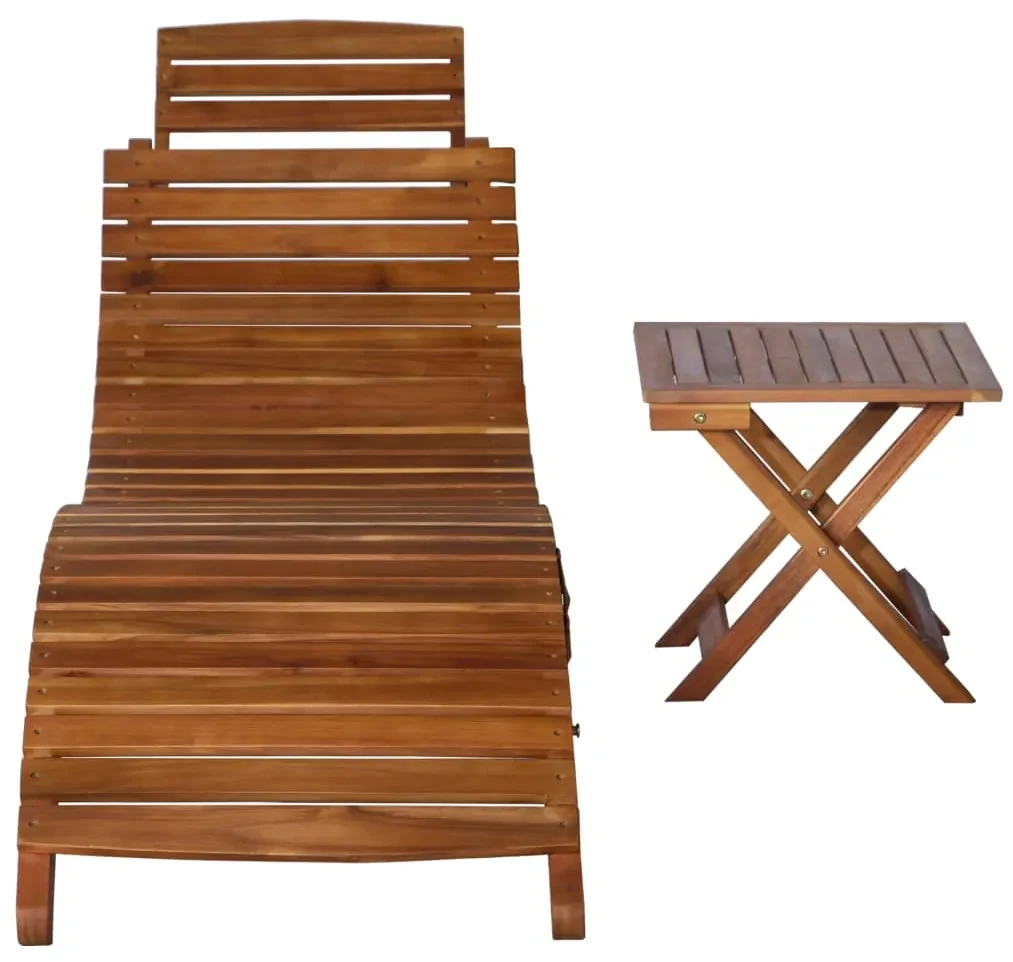 Lettino prendisole con tavolo in massello d'acacia marrone