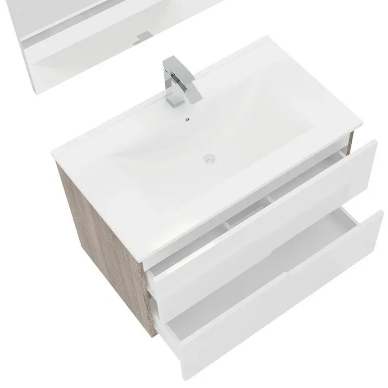 Mobile bagno sospeso 100 rovere grigio e bianco con lavabo e specchio Eva