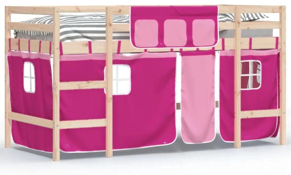 Letto a soppalco con tende bambini rosa 90x200 cm massello pino