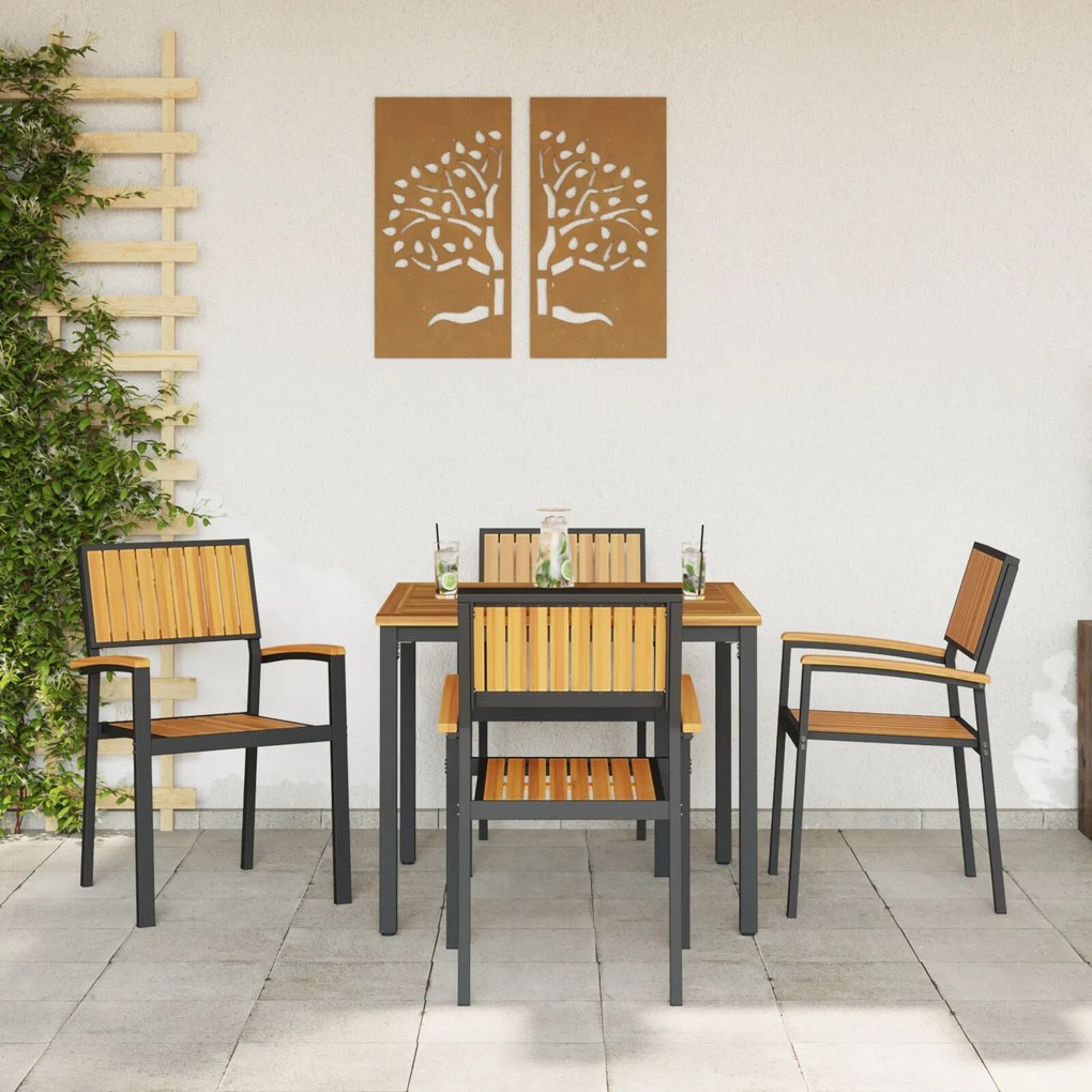 Set da pranzo da giardino set di 5 nero e marrone metallo e legno