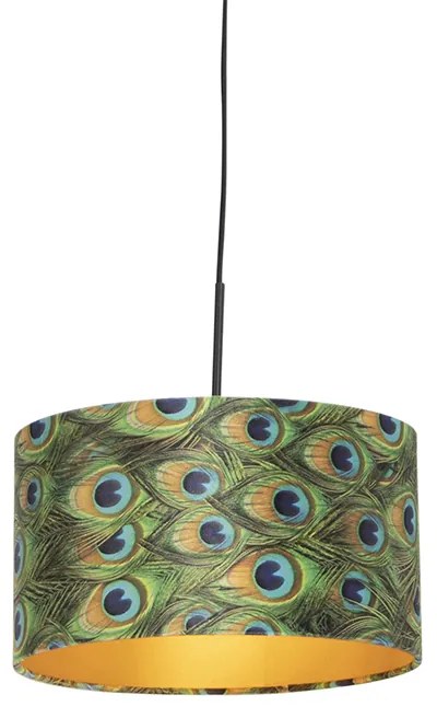 Lampada a sospensione con paralume in velluto pavone con oro 35 cm - Combi