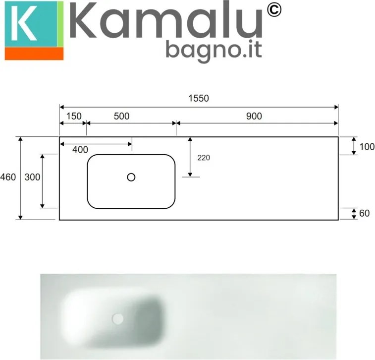 Mobile bagno sospeso 155 cm con lavabo in solid surface bianco e doppio cassetto SP-155C - KAMALU
