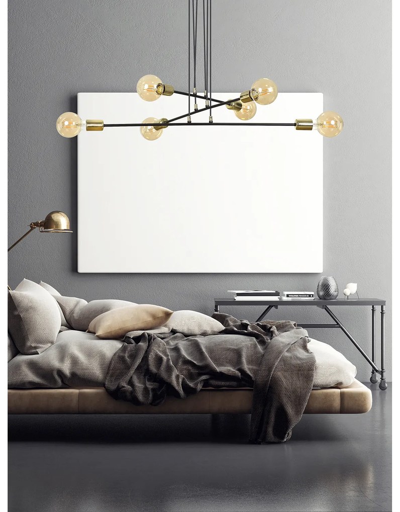 Lampadario Industrial 6 Luci Benzaiten A Bracci In Acciaio Nero E Oro