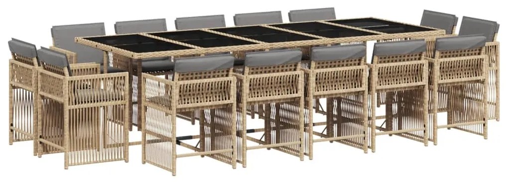 Set pranzo da giardino 15 pz con cuscini beige misto polyrattan