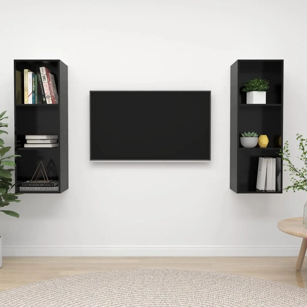 Mobile Tv A Parete 2 Pz Nero Lucido İn Truciolato /