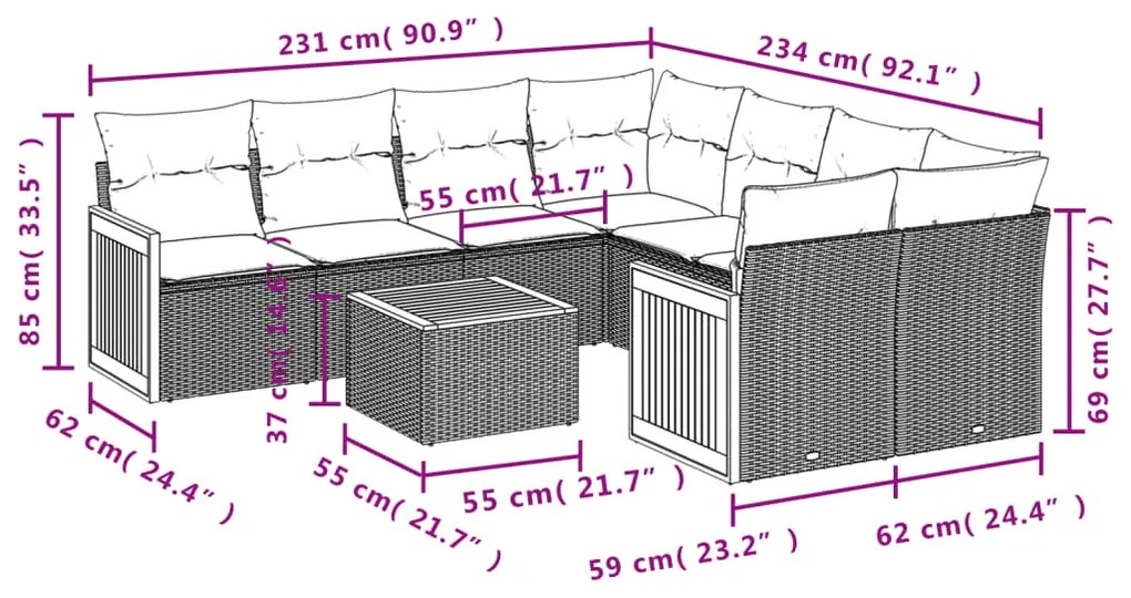 Set Divani da Giardino 9 pz con Cuscini Nero in Polyrattan