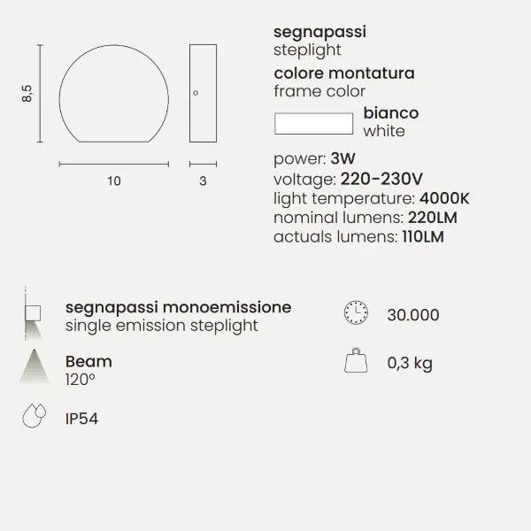 Lampada applique segnapasso SUN per esterni in alluminio BIANCO