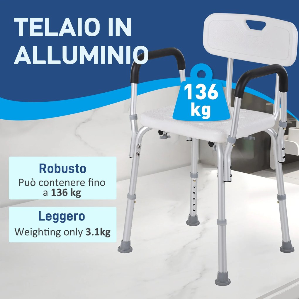 Sedia per Doccia 51,5x51,5x71-84 cm Altezza Regolabile e Piedini Antiscivolo in Alluminio Bianco...