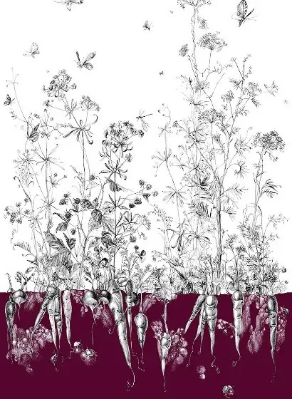 Edmond Petit Carta da parati Lièvres/Fenouil/Tournesol - Aubergine - Fenouil Sauvage Droit - Aubergine