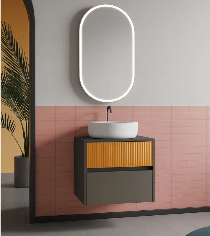 Mobile da bagno sospeso sotto lavabo Niwa 2 cassetti L 59.5 x H 50 x P 45.5 cm grigio e senape cannettato