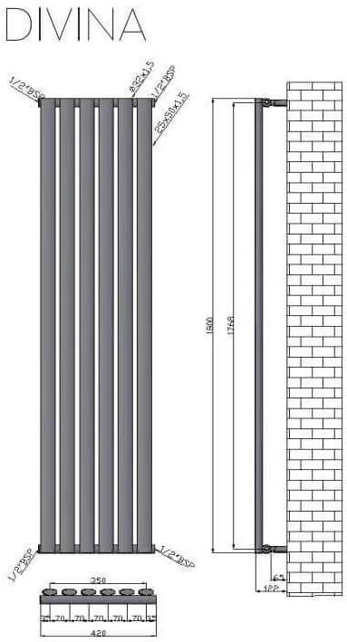 Termoarredo Radiatore Nero Opaco Tubi Verticali Design - 180x42