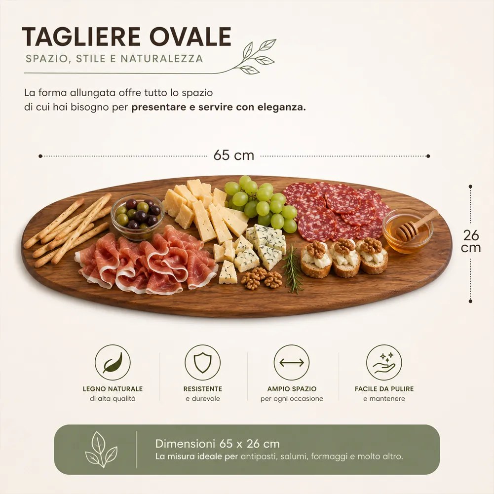 Vassoio Tagliere da Portata Ovale per Aperitivi 65x26 cm in Legno...