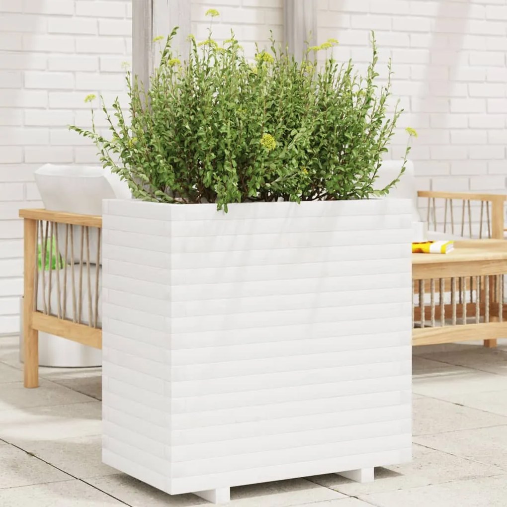 Fioriera Da Giardino Bianca 70x40x72 Cm Legno Massello Di Pino /