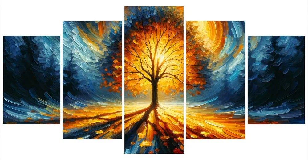 Quadri 5 pezzi – Albero della vita luminoso nei toni infuocati