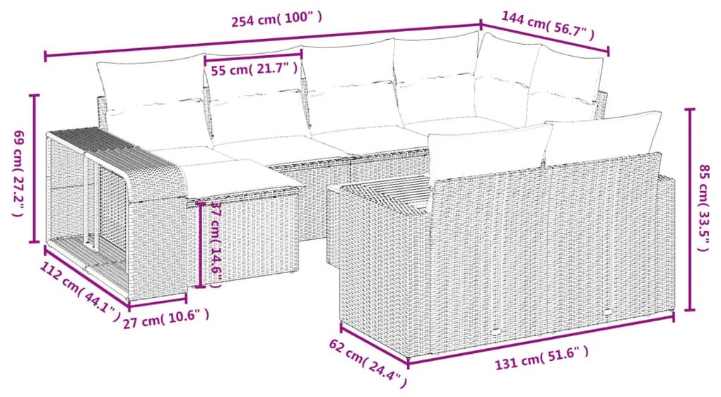 Set Divani da Giardino 11 pz con Cuscini in Polyrattan Nero