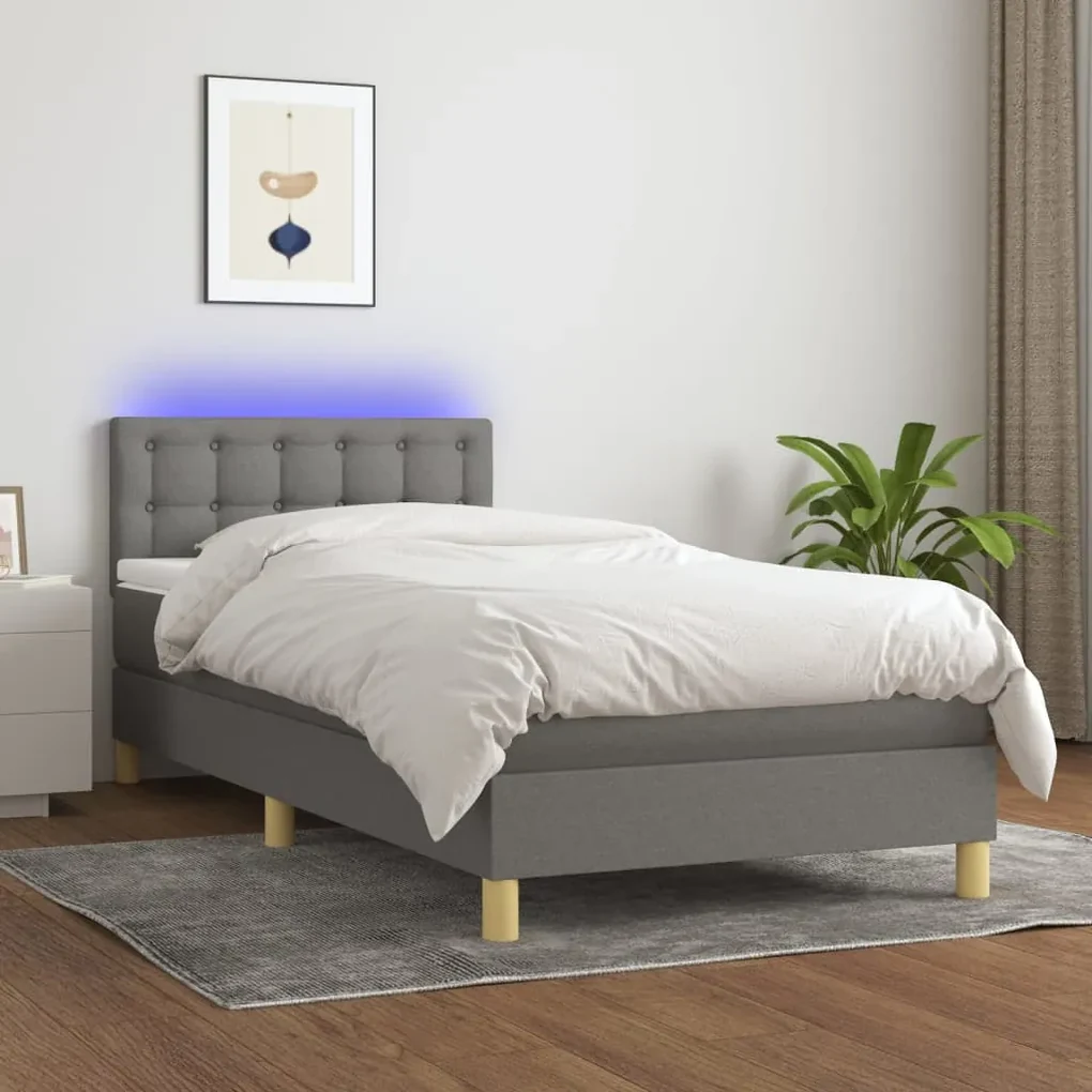Letto a molle materasso e led grigio scuro 90x200 cm in tessuto