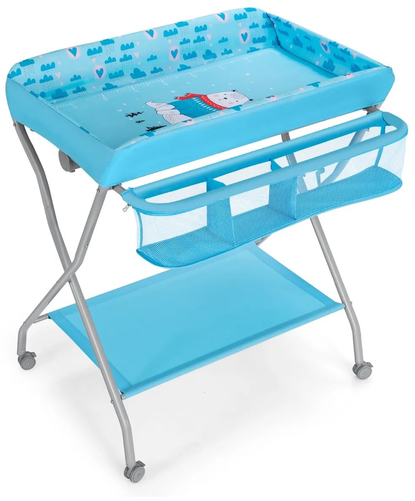 Costway Fasciatoio pieghevole per bambini con cesto ampio e mensola, Organizer nursery con ruote bloccabili Blu