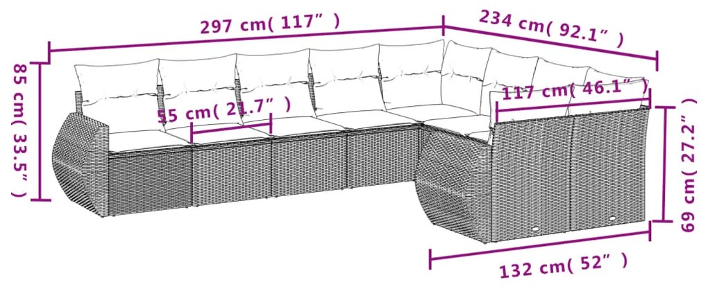 Set divano da giardino 9pz con cuscini grigio chiaro polyrattan