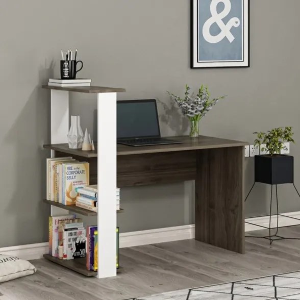 Scrivania Libreria Con Ripiani Laterali 60x120x112H Bianco E Rovere Scuro Node