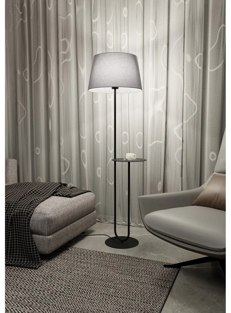 Piantana 1 Luce Horus Paralume In Tessuto Grigio Con Mensola In Acciaio Nero